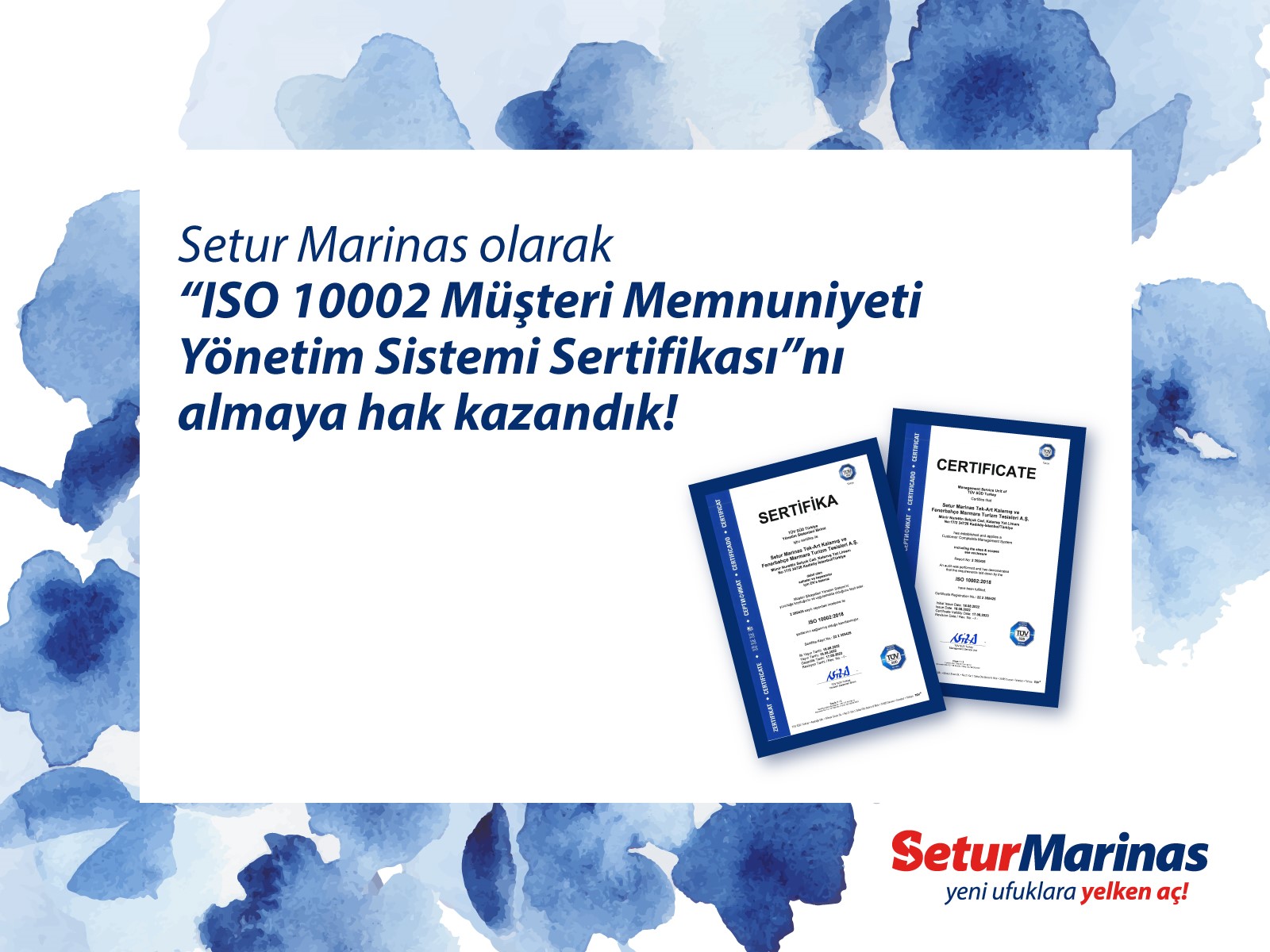 Setur Marinas Was Awarded ISO 10002 Customer Satisfaction Certificate